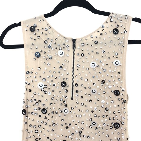 Alice + Olivia XS Beige Sleeveless Beaded Sequin Mini Dress Sheer Back Zipper - Picture 8 of 9